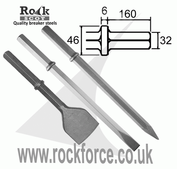 hex 32 set of 3 breaker steels. point, chisel and tarmac cutter